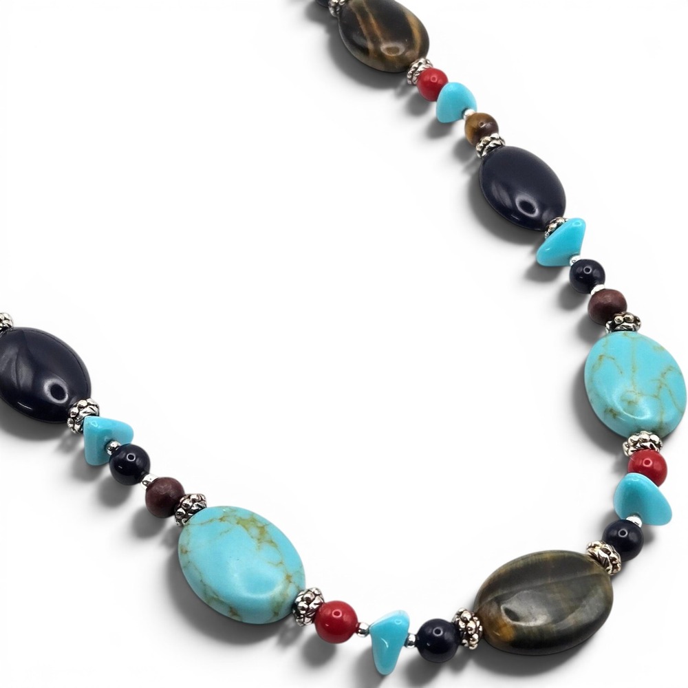 Chaps Beaded Necklace Turquoise Tiger Eye Silver Tone Button Toggle Closure 18in
